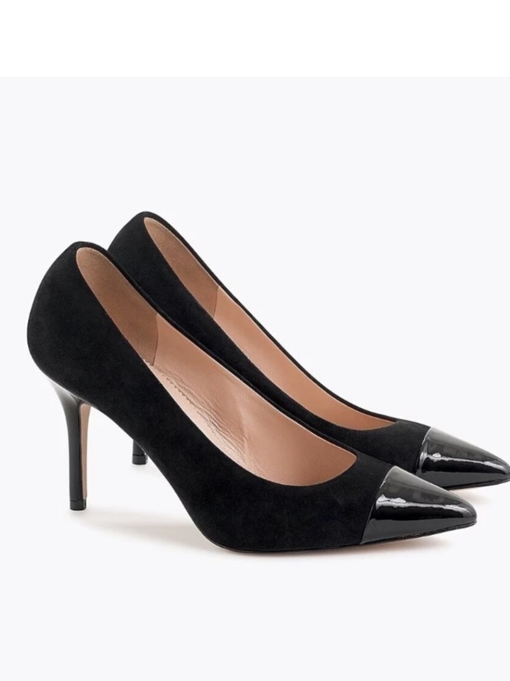 J. Crew Black Suede Elsie Pumps 10.5 Patent Leather Cap Toe NWOB Italy